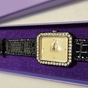 ELIZABETH TAYLOR AVON Rhinestone on Black Strap Watch